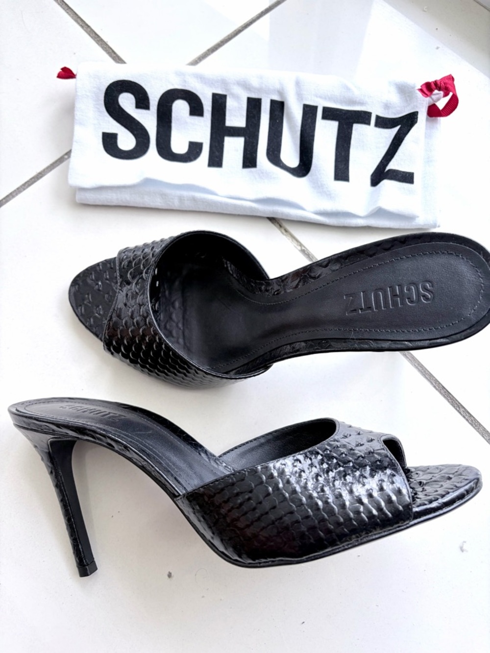 SCHUTZ Black Textured Open-Toe Stiletto Mules